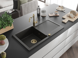 Mexen Leo granieten gootsteen 1-baks met afdruiprek en keukenkraan Carla, zwart/gouden metallic - 6501-75-670700-50