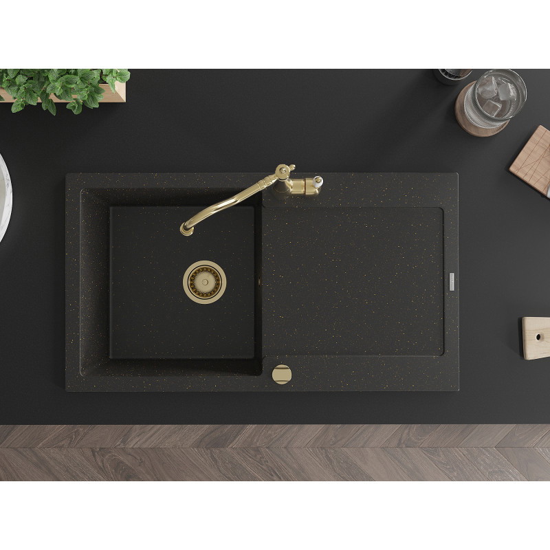 Mexen Leo granieten gootsteen 1-komorig met afdruiprek en keukenkraan Carla, zwart/gouden metallic - 6501-75-670700-50