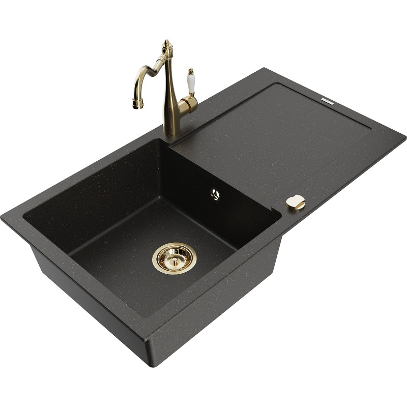 Mexen Leo granieten spoelbak 1-komp met afdruiprek en keukenmengkraan Carla, zwart/goud metallic - 6501-75-670700-50