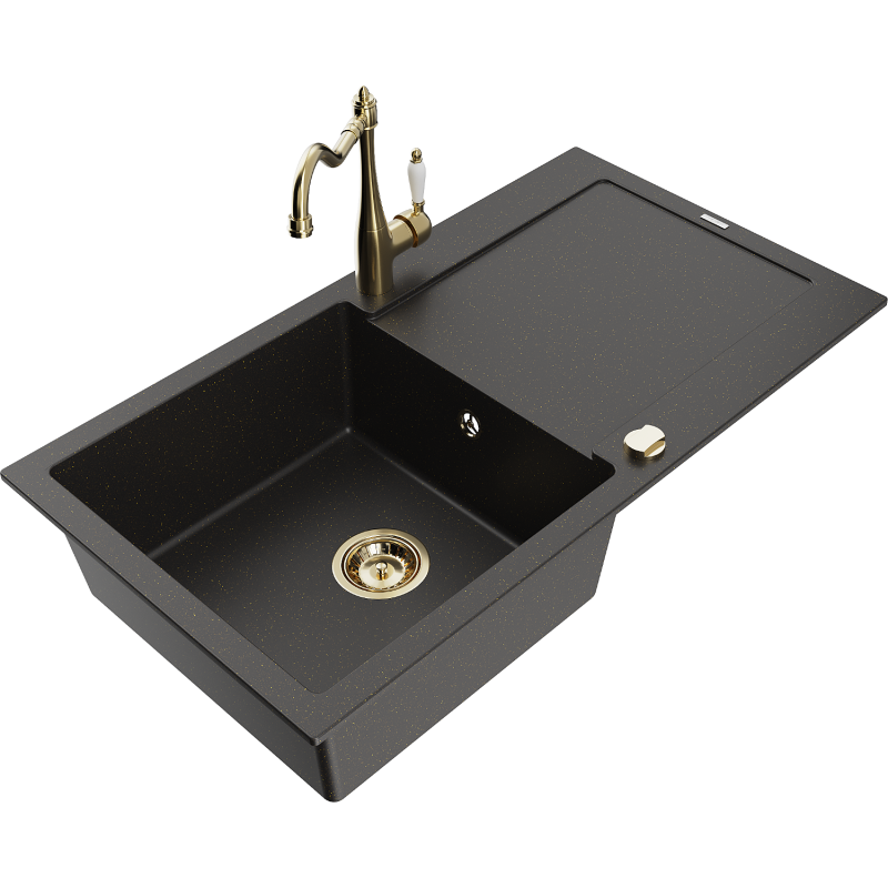 Mexen Leo lavello in granito 1-vasca con scolapiatti e rubinetto da cucina Carla, nero/oro metallizzato - 6501-75-670700-50