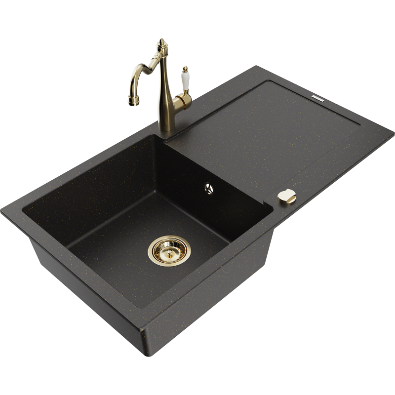 Mexen Leo lavello in granito a 1 vasca con sgocciolatoio e rubinetto da cucina Carla, nero/oro metallizzato - 6501-75-670700-50