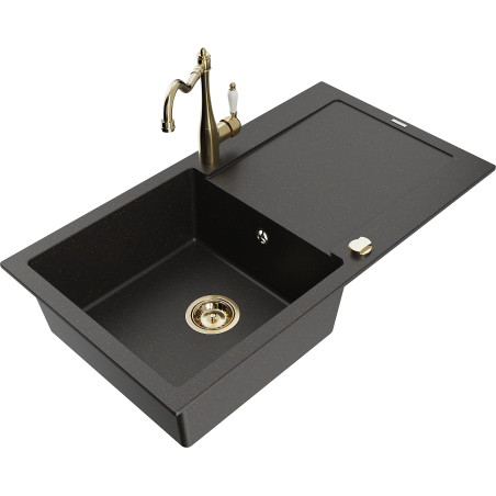 Mexen Leo granieten gootsteen 1-baks met afdruiprek en keukenkraan Carla, zwart/gouden metallic - 6501-75-670700-50