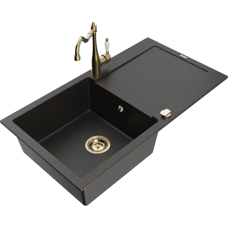 Mexen Leo granitizlietne ar vienu bļodu, ar noteces un virtuves jaucējkrānu Carla, melns/zeltains metālisks