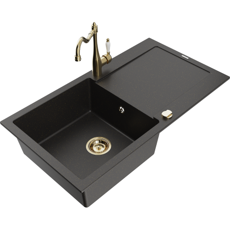 Mexen Leo lavello in granito a 1 vasca con sgocciolatoio e rubinetto da cucina Carla, nero/oro metallizzato - 6501-75-670700-50