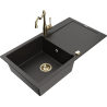 Mexen Leo granitizlietne ar vienu bļodu, ar noteces un virtuves jaucējkrānu Carla, melns/zeltains metālisks