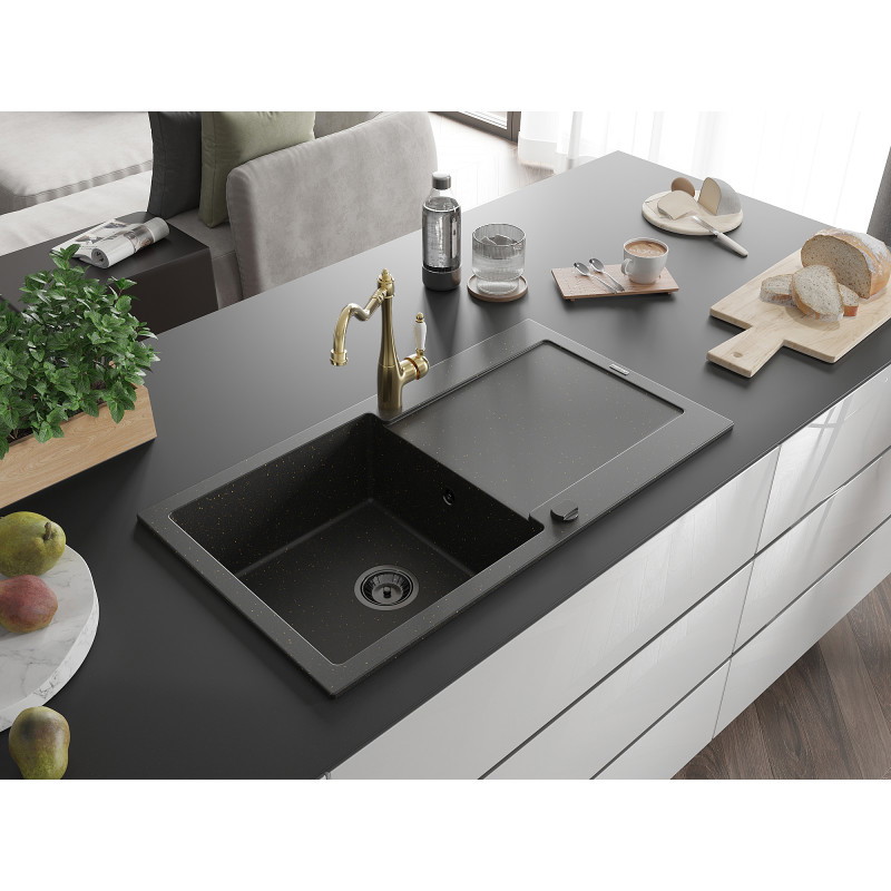 Mexen Leo fregadero de granito de 1 seno con escurridor y grifo de cocina Carla, negro/dorado metálico - 6501-75-670700-50-B