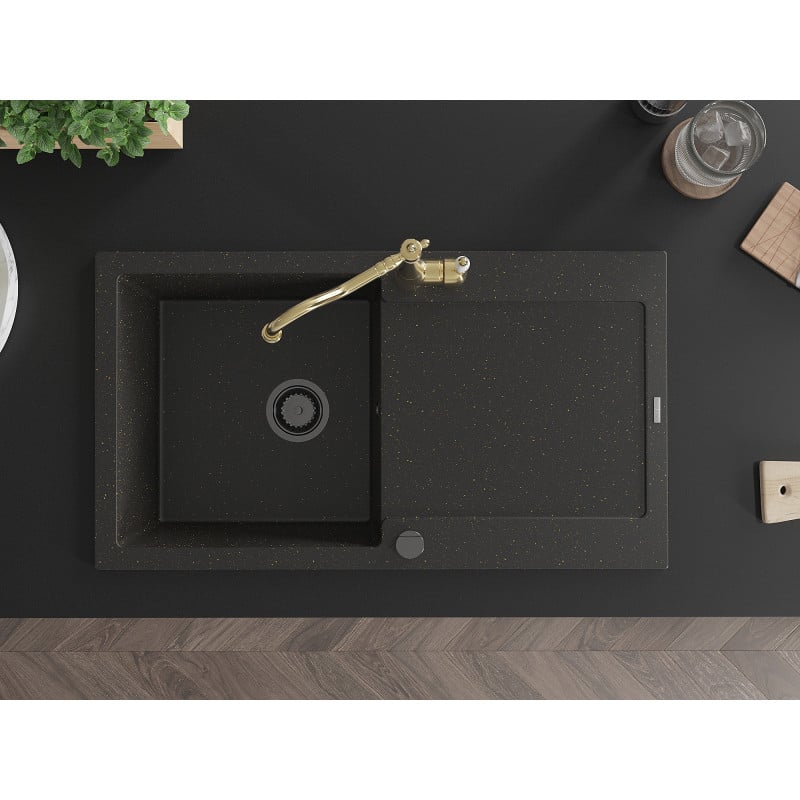 Mexen Leo granieten gootsteen 1-kom met afdruiprek en keukenmengkraan Carla, zwart/goud metallic - 6501-75-670700-50-B