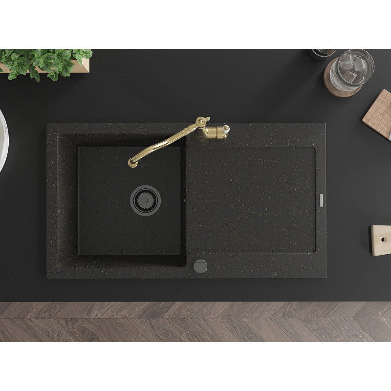 Mexen Leo granite sink 1-bowl with drainer and Carla kitchen tap, black/gold metallic - 6501-75-670700-50-B