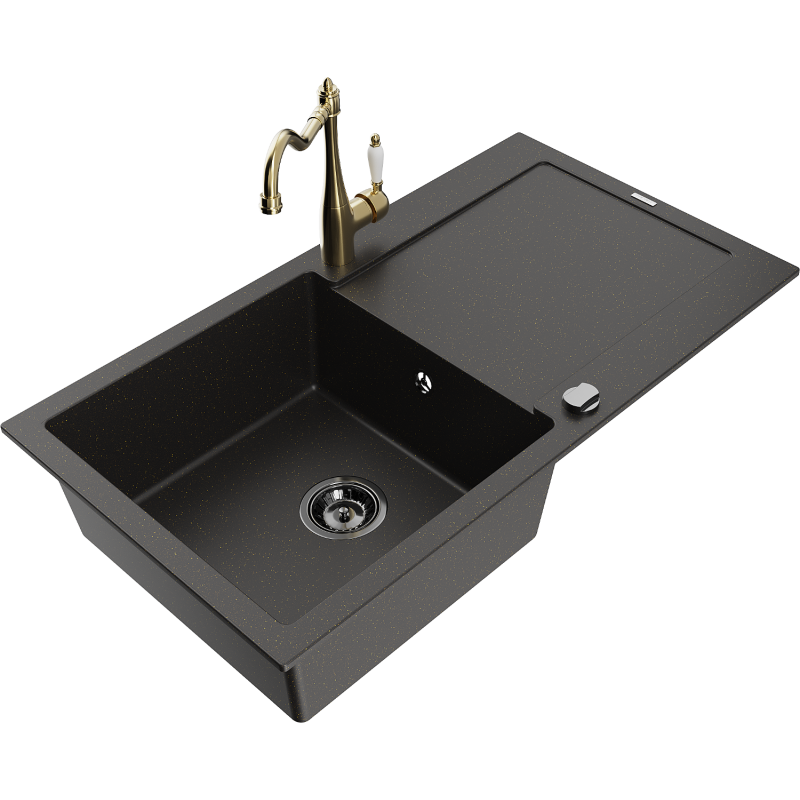 Mexen Leo granite sink 1-bowl with drainer and Carla kitchen tap, black/gold metallic - 6501-75-670700-50-B
