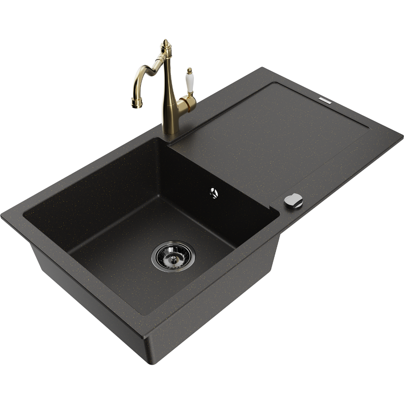 Mexen Leo lavello in granito a 1 vasca con scolapiatti e miscelatore da cucina Carla, nero/oro metallizzato