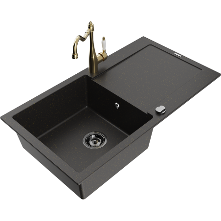 Mexen Leo lavello in granito a 1 vasca con scolapiatti e miscelatore da cucina Carla, nero/oro metallizzato