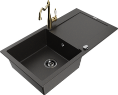 Mexen Leo granitée Spullsteen mat 1-Kummer mat Drëpsschutz an Kichekeel Carla, schwaarz/gëllene Metalik - 6501-75-670700-50-B