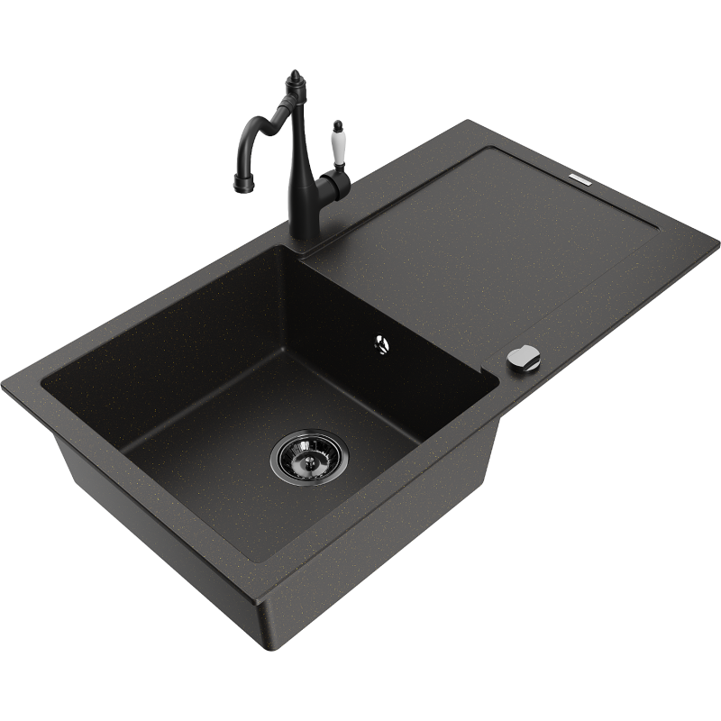 Mexen Leo 1-kompartement granieten spoelbak met afdruiprek en keukenkraan Carla, zwart/goud metallic - 6501-75-670700-70-B