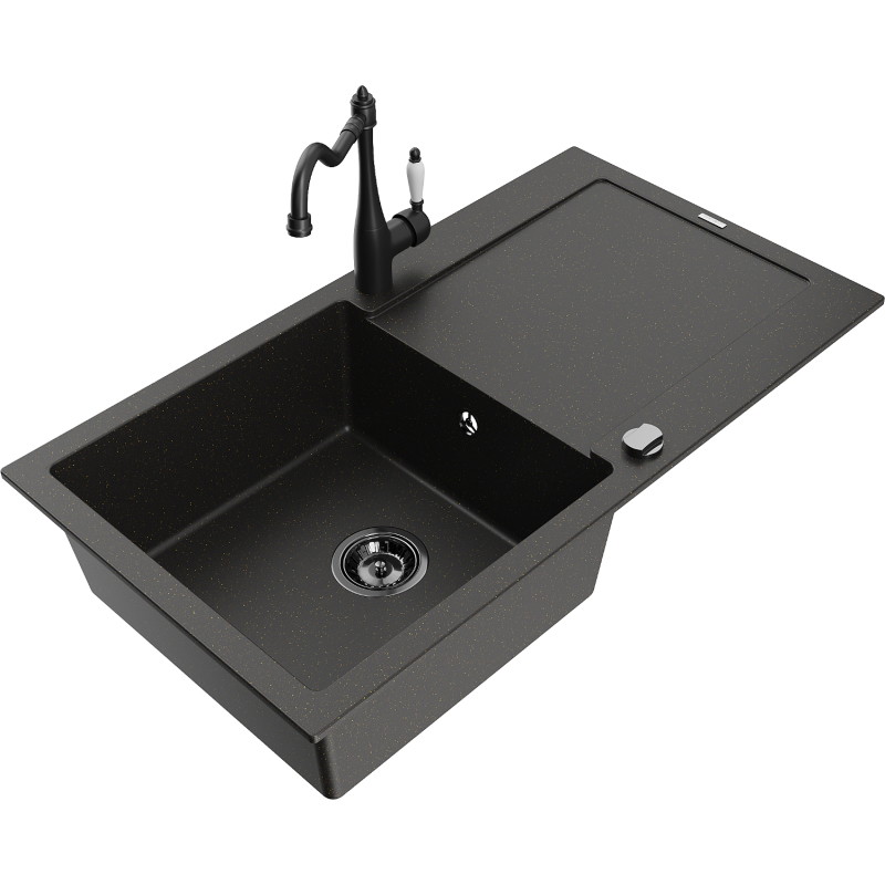 Mexen Leo granitische gootsteen met 1 bak en afdruiprek en keukenkraan Carla, zwart/goud metallic - 6501-75-670700-70-B