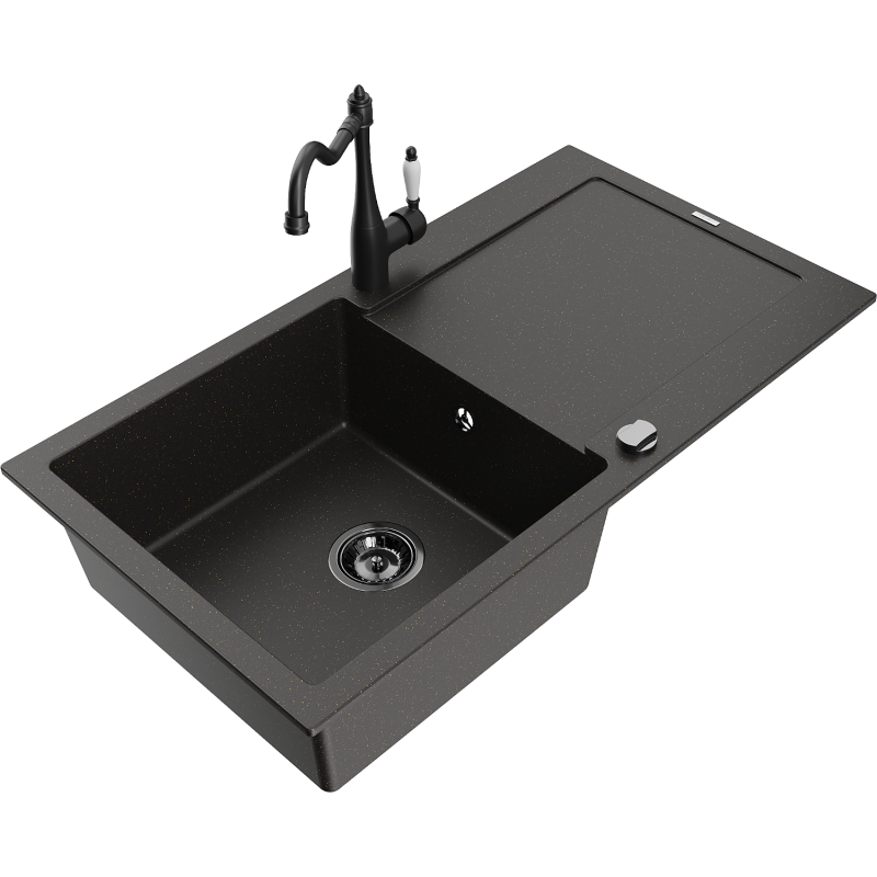 Mexen Leo lava-loiça de granito com 1 cuba com escorredor e torneira de cozinha Carla, preto/dourado metalizado