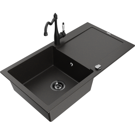 Mexen Leo 1-kompartement granieten spoelbak met afdruiprek en keukenkraan Carla, zwart/goud metallic - 6501-75-670700-70-B