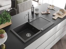Mexen Leo fregadero de granito de 1 cubeta con escurridor y grifo de cocina Carla, negro moteado - 6501-76-670700-00