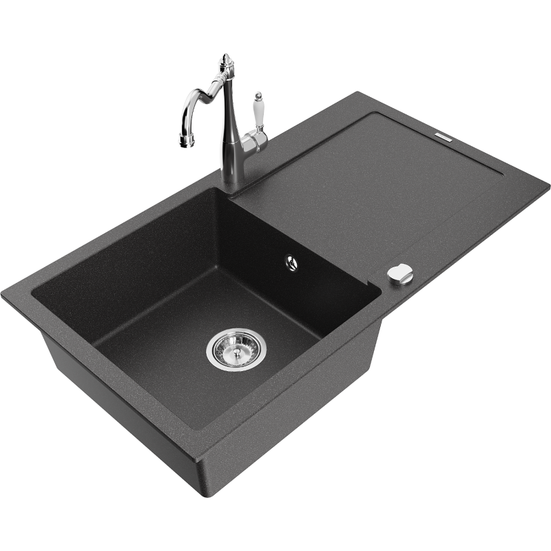 Mexen Leo granite sink 1-bowl with drainer and Carla kitchen tap, speckled black - 6501-76-670700-00
