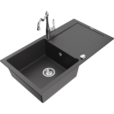 Mexen Leo granieten spoelbak 1-komor met afdruiprek en keukenkraan Carla, zwart gespikkeld - 6501-76-670700-00