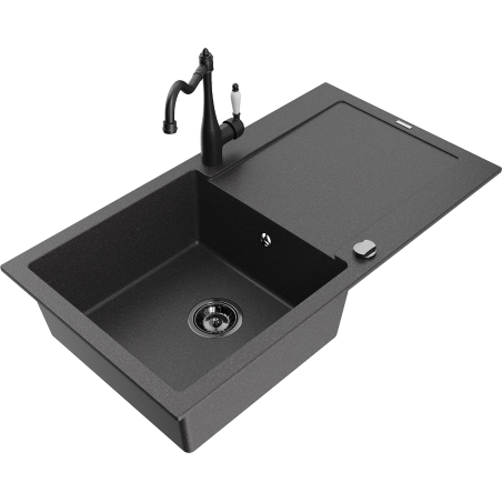 Mexen Leo fregadero de granito de 1 cubeta con escurridor y grifo de cocina Carla, negro moteado - 6501-76-670700-70-B