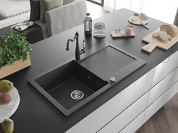 Mexen Leo fregadero de granito de 1 compartimento con escurridor y grifo de cocina Carla, negro moteado - 6501-76-670700-76