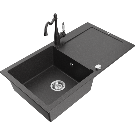 Mexen Leo 1-bowl granite sink with drainer and Carla kitchen faucet, speckled black - 6501-76-670700-76