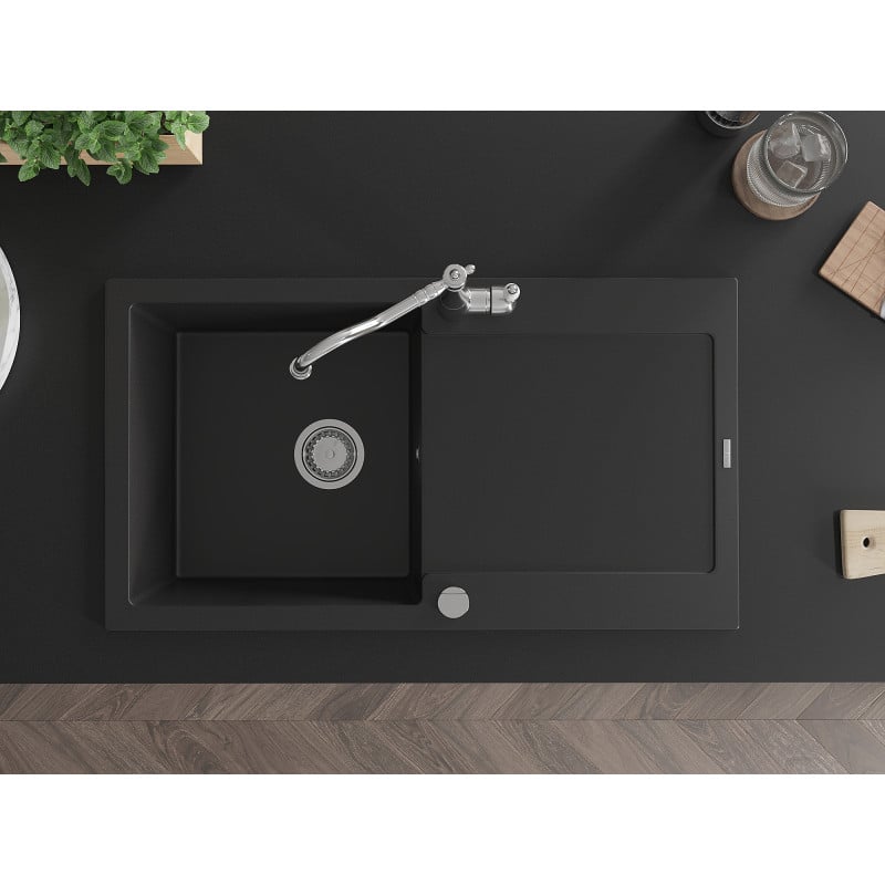 Mexen Leo évier en granit 1 bac avec égouttoir et mitigeur de cuisine Carla, noir - 6501-77-670700-00