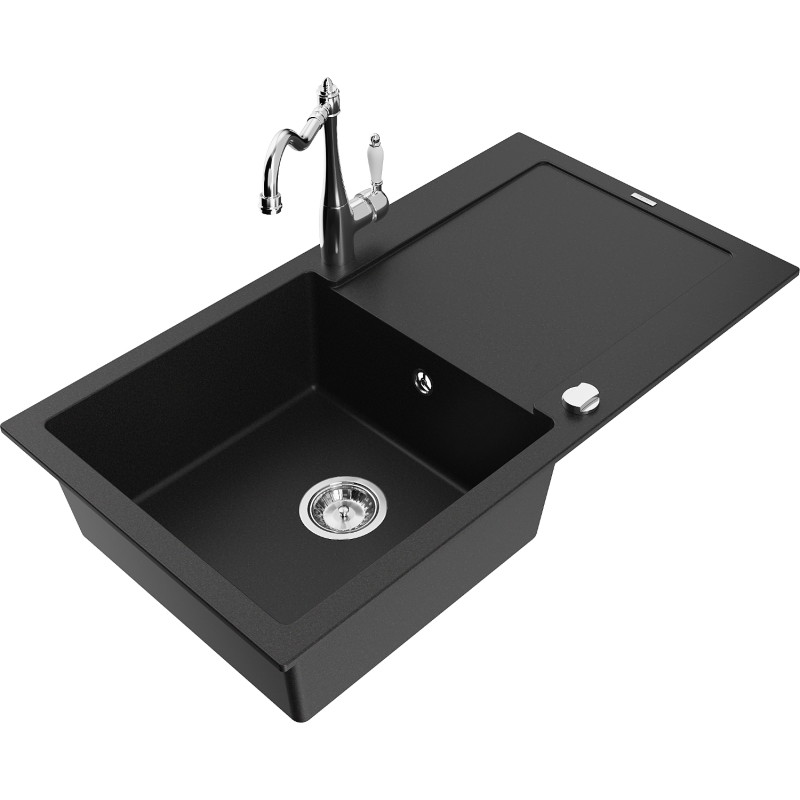 Mexen Leo fregadero de granito de 1 compartimento con escurridor y grifo de cocina Carla, negro - 6501-77-670700-00