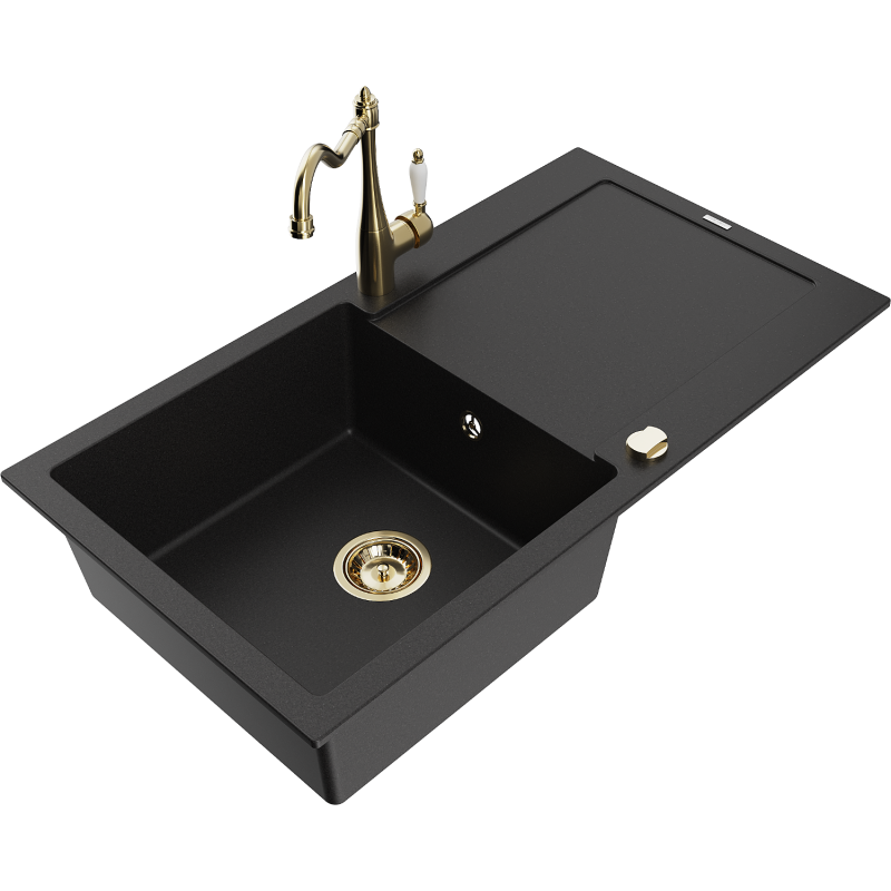 Mexen Leo granitdiskbänk med 1 ho med avlastningsyta och köksblandare Carla, svart - 6501-77-670700-50