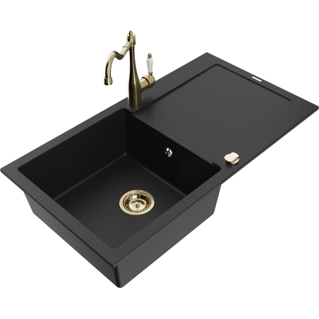 Mexen Leo Granitspüle 1-Becken mit Abtropffläche und Küchenarmatur Carla, schwarz - 6501-77-670700-50