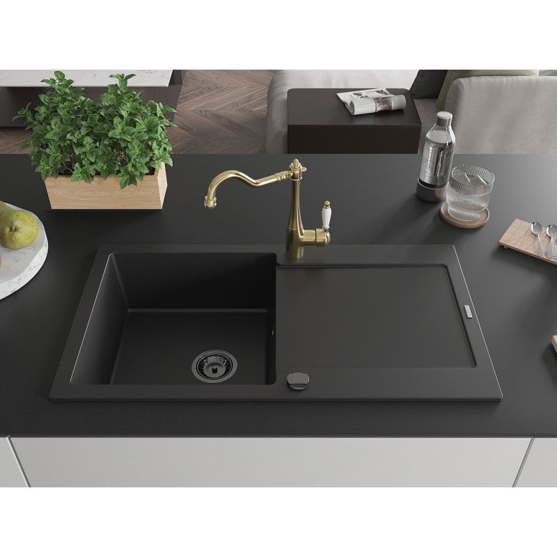 Mexen Leo granite kitchen sink 1-bowl with drainer and Carla kitchen tap, black - 6501-77-670700-50-B
