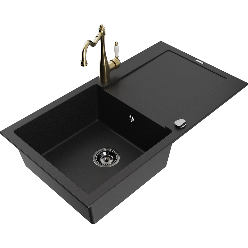 Mexen Leo granite kitchen sink 1-bowl with drainer and Carla kitchen tap, black - 6501-77-670700-50-B
