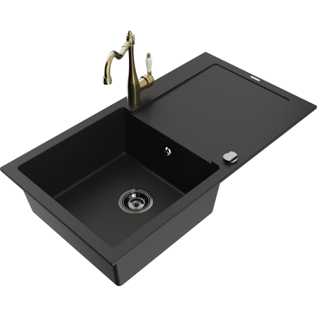 Mexen Leo granitais izlietne ar vienu nodalījumu, noteces un virtuves jaucējkrānu Carla, melns - 6501-77-670700-50-B