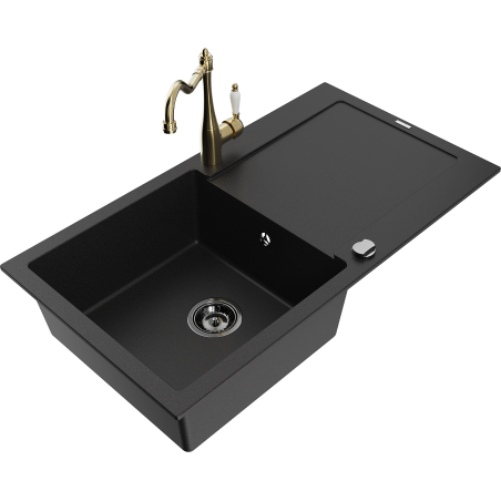Mexen Leo granite kitchen sink 1-bowl with drainer and Carla kitchen tap, black - 6501-77-670700-50-B
