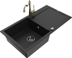 Mexen Leo granieten spoelbak 1-kompartiment met afdruiprek en keukenkraan Carla, zwart - 6501-77-670700-50-B