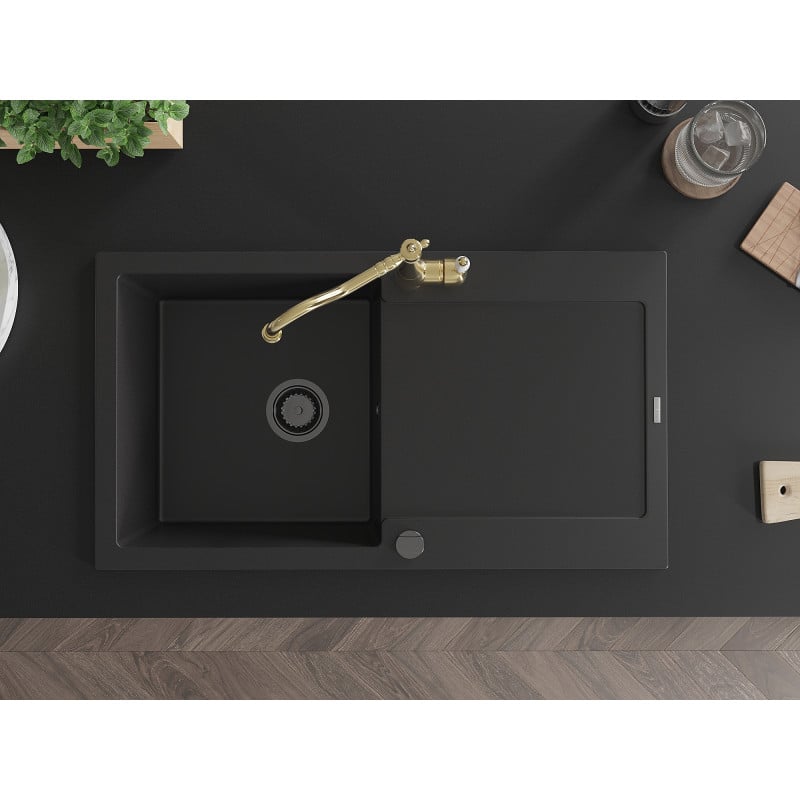 Mexen Leo fregadero de granito de 1 cubeta con escurridor y grifo de cocina Carla, negro - 6501-77-670700-50-B