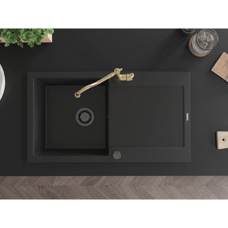 Mexen Leo lava-louça de granito de 1 cuba com escorredor e torneira de cozinha Carla, preto - 6501-77-670700-50-B