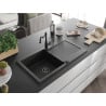 Mexen Leo single-bowl granite sink with drainer and Carla kitchen tap, black - 6501-77-670700-70-B