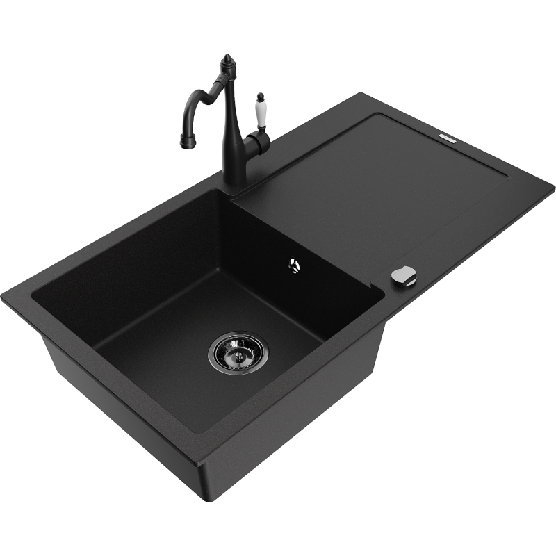 Mexen Leo single-bowl granite sink with drainer and Carla kitchen tap, black - 6501-77-670700-70-B