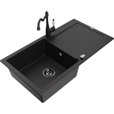 Mexen Leo single-bowl granite sink with drainer and Carla kitchen tap, black - 6501-77-670700-70-B