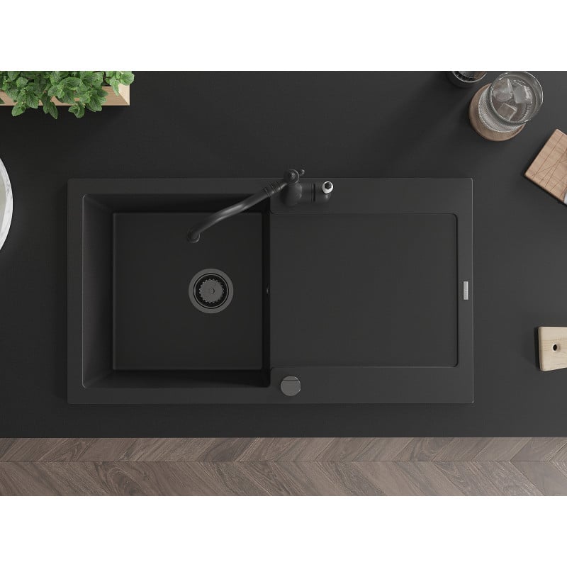 Mexen Leo granitische spoelbak met 1 bak en afdruiprek en keukenmengkraan Carla, zwart - 6501-77-670700-70-B