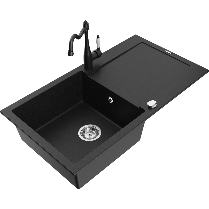 Mexen Leo fregadero de granito de 1 seno con escurridor y grifo de cocina Carla, negro - 6501-77-670700-70