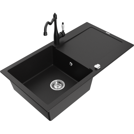 Mexen Leo granite sink 1-bowl with drainer and kitchen tap Carla, black - 6501-77-670700-70