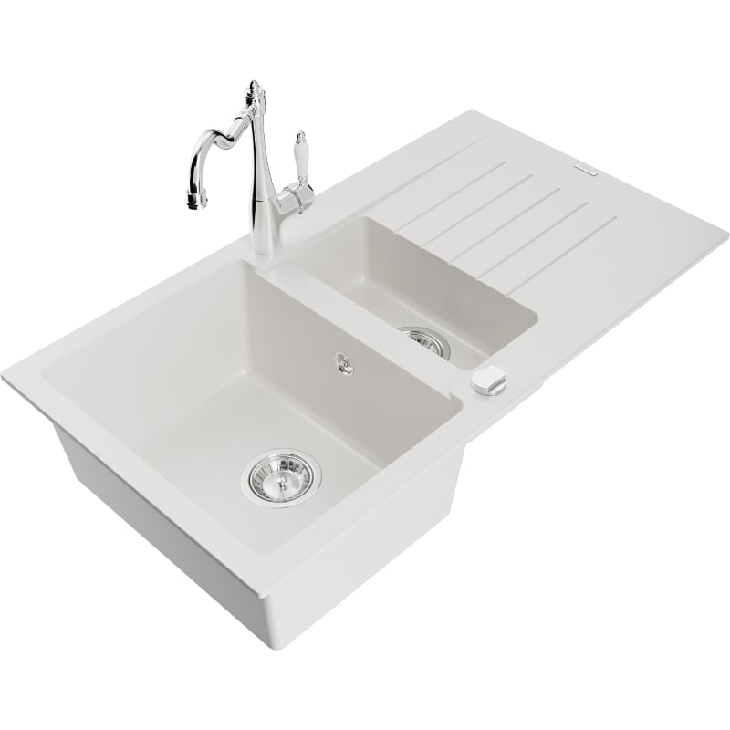 Mexen Matias 1.5-bowl granite sink with drainer and Carla kitchen faucet, white - 6502-20-670700-00
