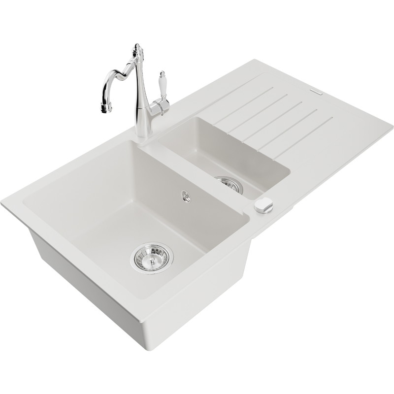Mexen Matias fregadero de granito de 1,5 cubetas con escurridor y grifo de cocina Carla, blanco - 6502-20-670700-00
