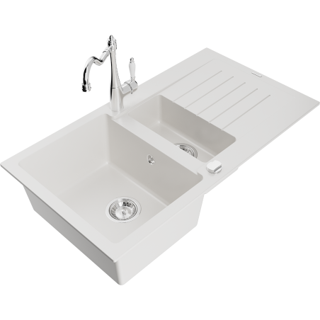 Mexen Matias 1.5-bowl granite sink with drainer and Carla kitchen faucet, white - 6502-20-670700-00