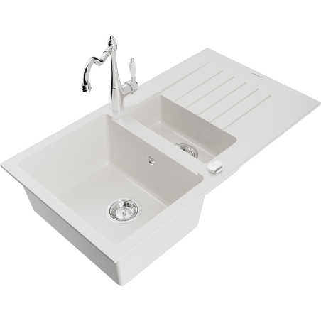 Mexen Matias granite sink 1.5-bowl with drainer and Carla kitchen tap, white - 6502-20-670700-00