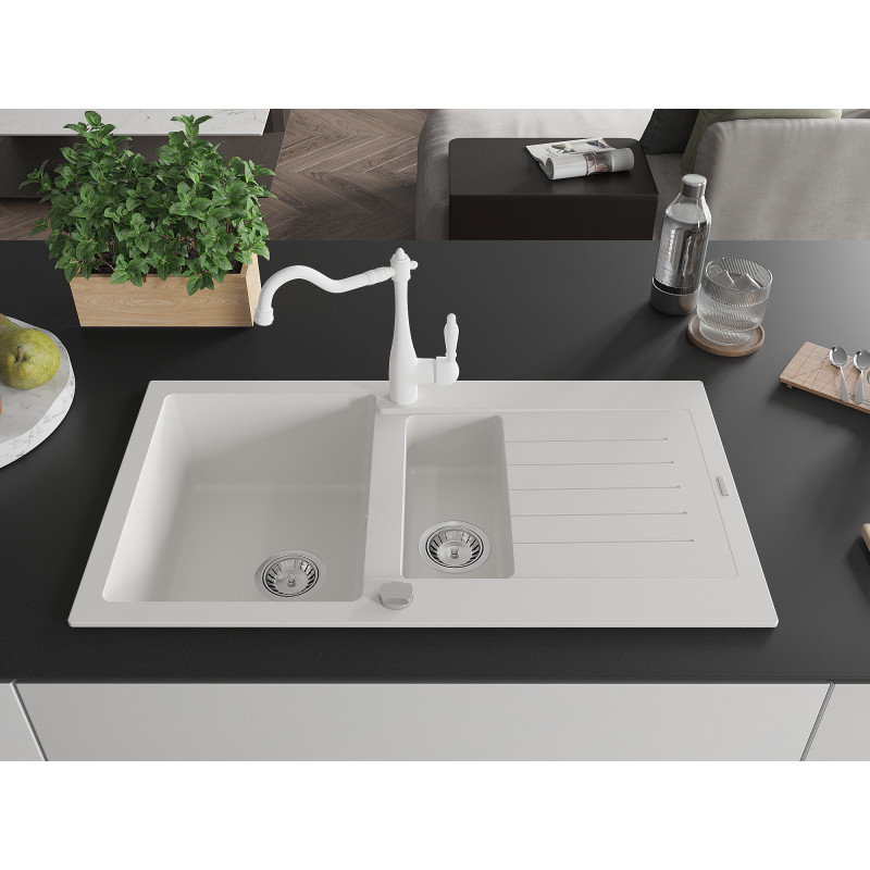 Mexen Matias fregadero de granito de 1,5 cubetas con escurridor y grifo de cocina Carla, blanco - 6502-20-670700-20