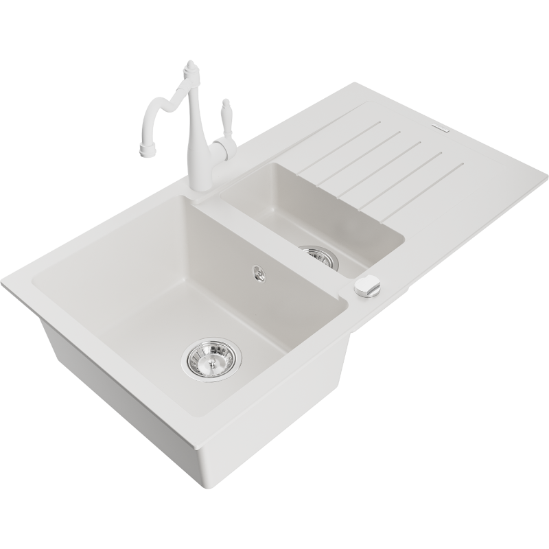 Mexen Matias fregadero de granito 1.5 senos con escurridor y grifo de cocina Carla, blanco - 6502-20-670700-20