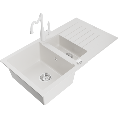 Mexen Matias fregadero de granito 1.5 senos con escurridor y grifo de cocina Carla, blanco - 6502-20-670700-20